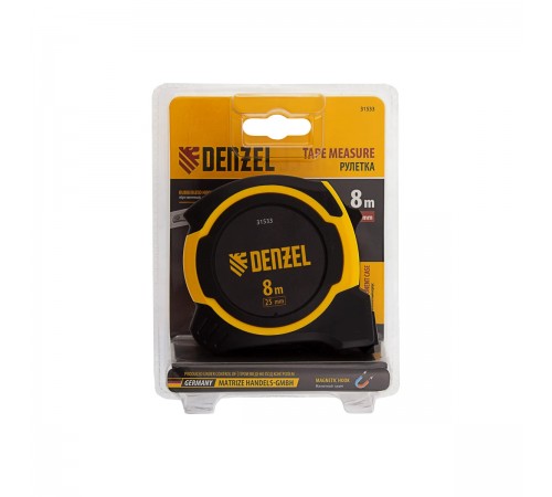 31533 Рулетка Denzel 8м х 25мм,двухкомп.корпус,магнитный обрезиненный зацеп