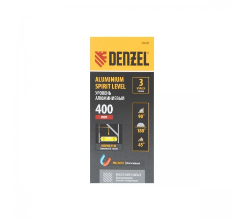 Уровень алюминиевый Denzel 400мм, магнит., фрезерованный, 3 глазка (1 зеркал.), 0,5 мм/м 33690