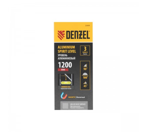 Уровень алюминиевый Denzel 1200мм, магнит., фрезерованный, 3 глазка (1 зеркал.), 0,5 мм/м 33694