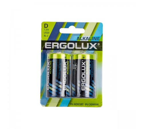 11752 Элемент питания алкалиновый Ergolux D/LR20 1.5B Alkaline BL-2