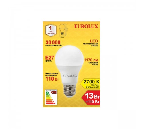 76/2/17 Лампа светодиодная Eurolux LL-E-A60-13W-230-2,7K-E27 (груша, 13Вт, тепл., E27)