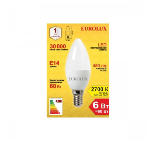 76/2/2 Лампа светодиодная Eurolux LL-E-C37-6W-230-2.7K-E14 (свеча, 6Вт, тепл., E14)