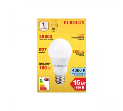 76/2/20 Лампа светодиодная Eurolux LL-E-A60-15W-230-4K-E27 (груша, 15Вт, нейтр., E27)
