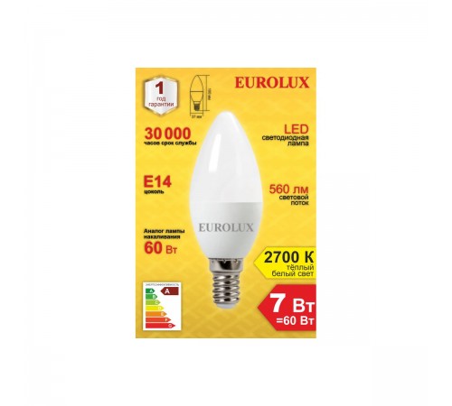 76/2/7 Лампа светодиодная Eurolux LL-E-C37-7W-230-2,7K-E14 (свеча, 7Вт, тепл., E14)