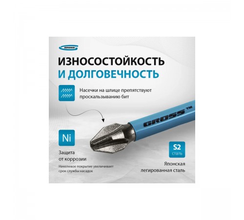 11493 Набор бит торсионных Gross PH2x50мм, для ударных шуруповертов, 10шт