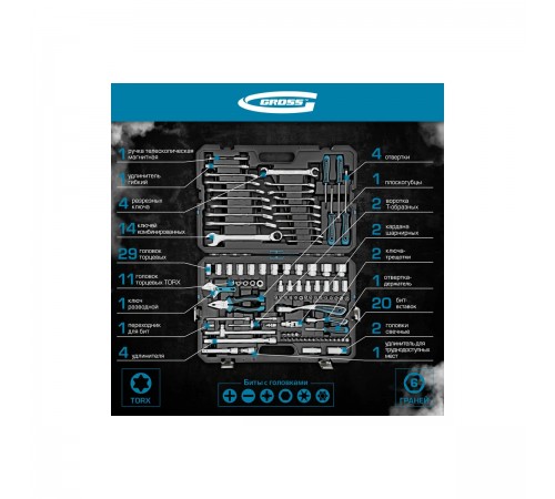 14151 Набор инструментов Gross, 1/4", 1/2", CrV, 120 зубьев, 101 предмет