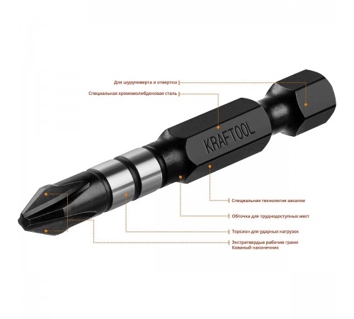 26191-2-50-S10 Биты KRAFTOOL Impact Pro, Philips, тип хвостовика Е 1/4, PH2, 50мм