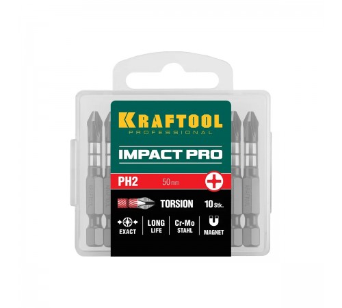 26191-2-50-S10 Биты KRAFTOOL Impact Pro, Philips, тип хвостовика Е 1/4, PH2, 50мм