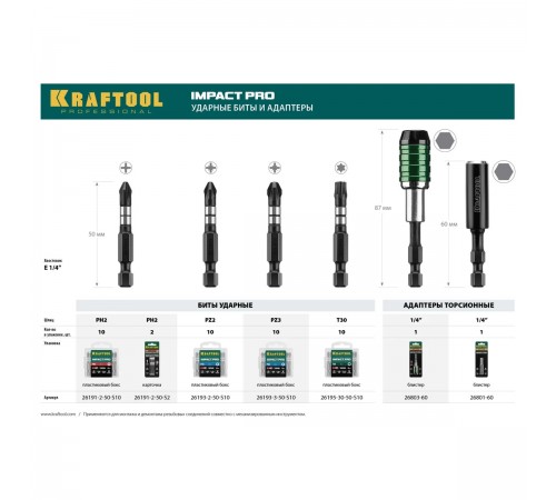 26195-30-50-S10 Бита KRAFTOOL Impact Pro, TORX, хвостовик Е 1/4, TX30, 50мм