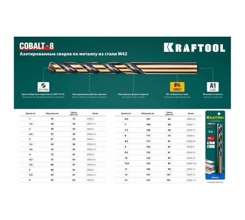 29656-2.5 Сверло по металлу KRAFTOOL COBALT HSS-Co(8%) 2,5х57мм, стальM42(S2-10-1-8)