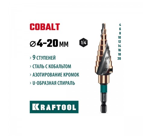 Сверло ступенчатое KRAFTOOL COBALT 9 ступеней 4-20мм 29691-4-20-9