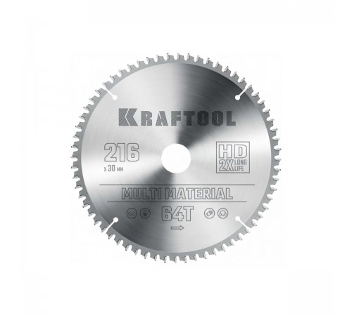 Диск пильный по алюминию KRAFTOOL Multi Material 216х30мм 64Т 36953-216-30