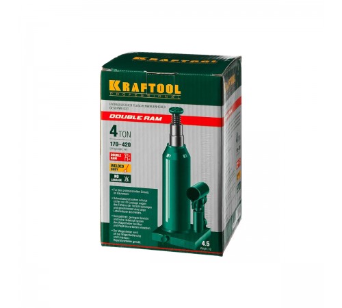 43463-4 Домкрат KRAFTOOL DOUBLE RAM 4 т двухштоковый бутылочный с увелич.подъемом 170-420мм KRAFT B