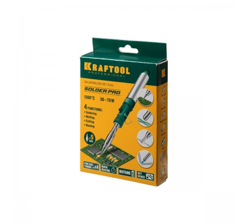 Паяльник газовый KRAFTOOL SolderGas, горелка, фен, набор 8х1, 70В, 30-70Вт, 1300°С 55504-Н8