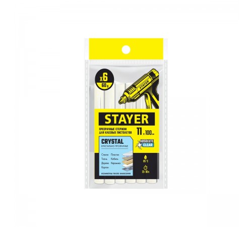 0682-Н6 Стержни клеевые STAYER Cristal , прозрачные универсальные, 11мм х 100мм, 6шт, 60 г,