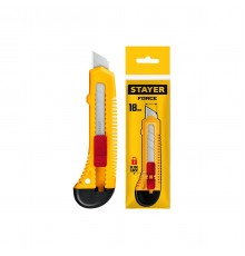 0911_z01 Нож STAYER FORCE, 18мм, упрочненный из АБС пластика со сдвижным фиксатором