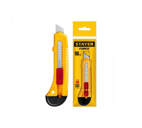 0911_z01 Нож STAYER FORCE, 18мм, упрочненный из АБС пластика со сдвижным фиксатором