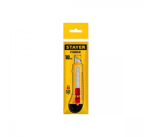 0911_z01 Нож STAYER FORCE, 18мм, упрочненный из АБС пластика со сдвижным фиксатором