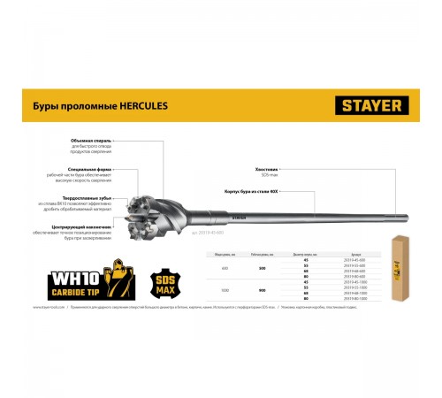 STAYER  HERCULES-4Х d 55 х 500/600 мм, SDS-max проломной бур, PROFESSIONAL (29319-55-600)