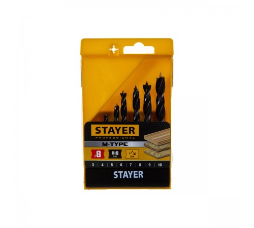 STAYER 8 шт. 3-4-5-6-7-8-9-10 мм, набор спиральных сверл по дереву "M-type" 2942-H8_z02 Professional