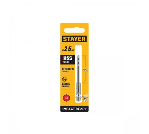 STAYER  НЕХ-1/4", d 2.5 х 79 мм, сверло по металлу для винтовёртов и шуруповертов IMPACT READY (29603-2.5)