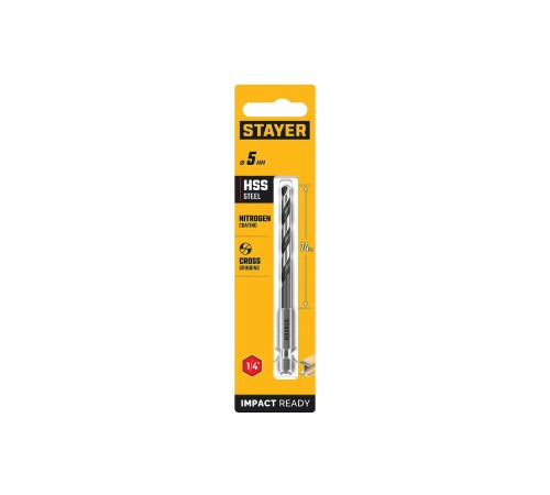 STAYER  НЕХ-1/4", d 5.0 х 109 мм, сверло по металлу для винтовёртов и шуруповертов IMPACT READY (29603-5)