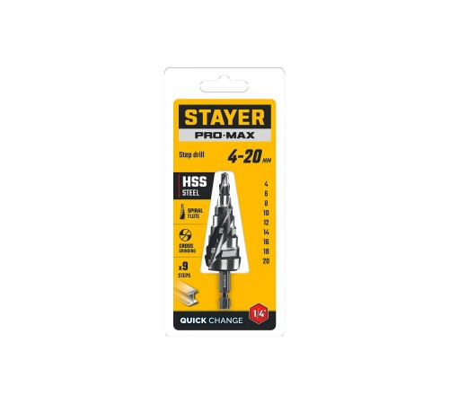 STAYER Pro-Max 4-20 мм, 9 ступеней, винтовая спираль, сверло ступенчатое (29661-4-20-9)