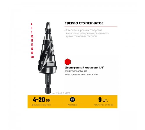 STAYER Pro-Max 4-20 мм, 9 ступеней, винтовая спираль, сверло ступенчатое (29661-4-20-9)