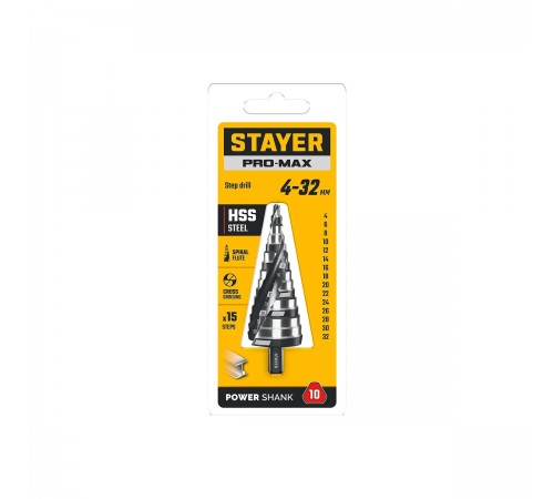 STAYER Pro-Max 4-32 мм, 15 ступеней, винтовая спираль, сверло ступенчатое (29661-4-32-15)