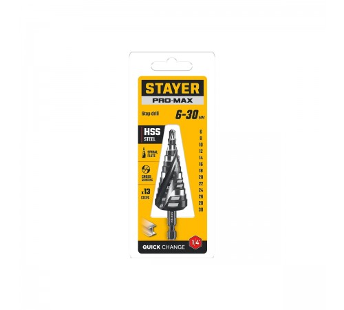 STAYER Pro-Max 6-30 мм, 13 ступеней, винтовая спираль, сверло ступенчатое (29661-6-30-13)