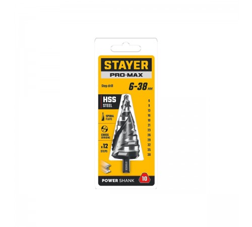 STAYER Pro-Max 6-38 мм, 12 ступеней, винтовая спираль, сверло ступенчатое (29661-6-38-12)