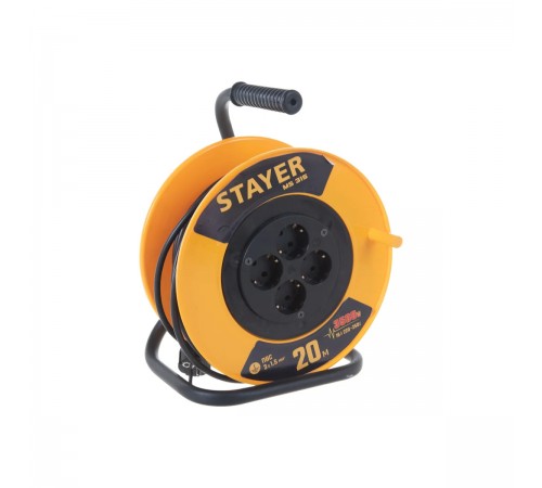55078-20 Удлинитель на катушке STAYER MS 315, 3500Вт, заземление, ПВС 3х1,5 кв мм, 4 гнезда, 20м