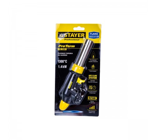 55580 Горелка газовая STAYER PROTerm PG500 с пьезоподжигом на баллон с цанговым соединением,1300С