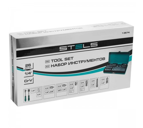 13574 Набор торцевых головок с трещоткой STELS 1/4", 26 предметов