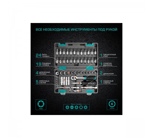 14101 Набор инструментов Stels, 1/4", CrV, пластиковый кейс, 57 предметов
