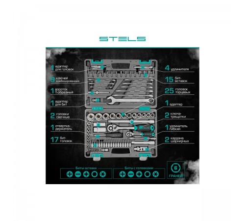 14105 Набор инструментов Stels, 1/2", 1/4", CrV, пластиковый кейс, 82 предмета