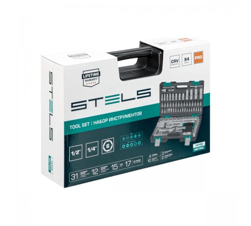 14106 Набор инструментов Stels, 1/2", 1/4", CrV, пластиковый кейс, 94 предмета