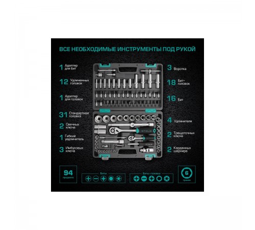 14106 Набор инструментов Stels, 1/2", 1/4", CrV, пластиковый кейс, 94 предмета