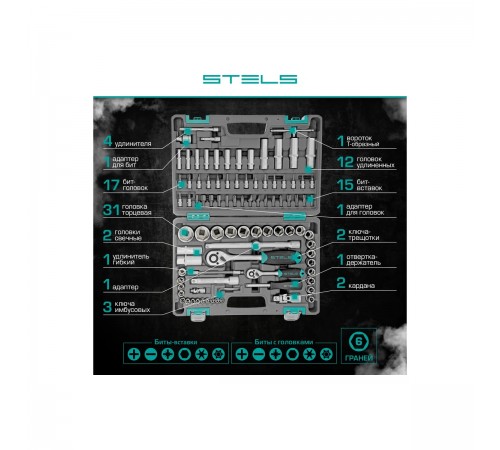 14106 Набор инструментов Stels, 1/2", 1/4", CrV, пластиковый кейс, 94 предмета