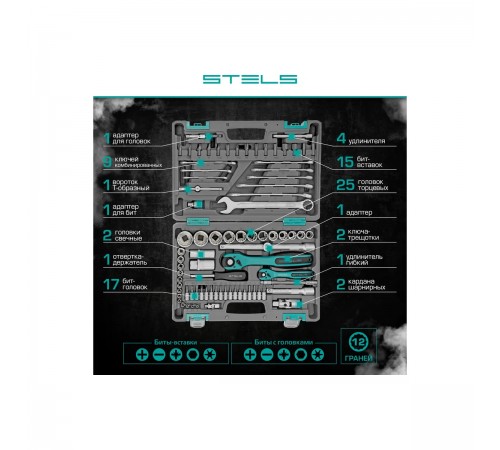 14117 Набор инструментов Stels, 1/2", 1/4", CrV, пластиковый кейс, 12 гранные головки, 82 предмета