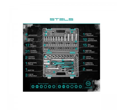 14118 Набор инструментов Stels, 1/2", 1/4", CrV, 12 гранные головки, пластиковый кейс, 94 предмета