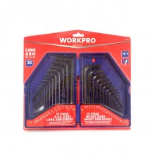 WP222018 Ключи шестигранные WORKPRO длинные 30шт. мм/дюйм в боксе PRO