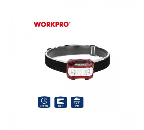 WP353000 Фонарь налобный светодиодный WORKPRO 80-300LM батарейки ААА