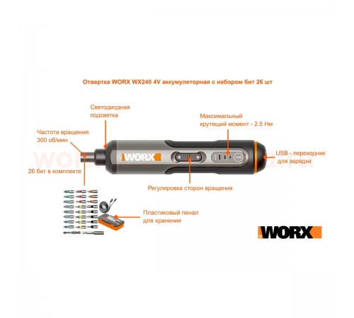 Отвертка аккумуляторная WORX WX 240 + набор бит (26 шт)