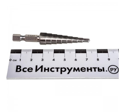72360 Сверло ступенчатое Барс по металлу, 4-5-6-7-8-9-10-11-12мм, P6M5, шестигр. хвостовик