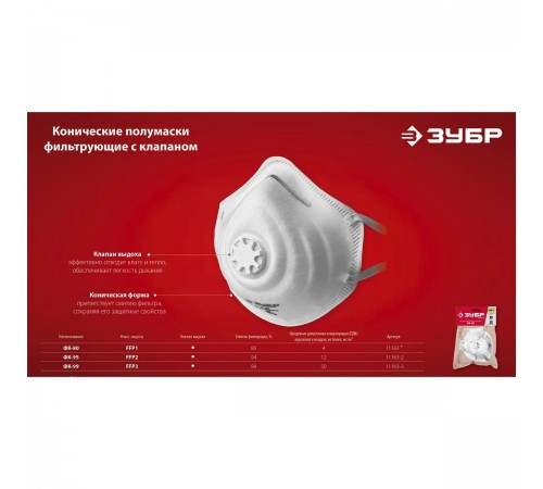 11163-2_z01 Полумаска фильтрующая коническая ЗУБР ФК-95 класс защиты FFP2