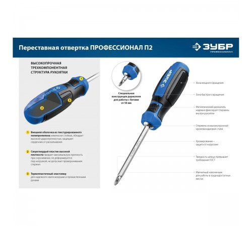 25029 Отвертка переставная ЗУБР ПРОФЕССИОНАЛ-П2 SL6/PH2