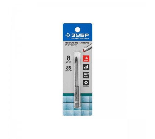 Сверло по стеклу и кафелю ЗУБР 8мм, HEX 1/4 4х кромка 29845-08_z01