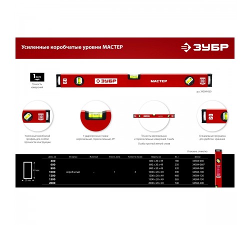 Уровень с усиленным профилем ЗУБР МАСТЕР, 1200 мм 34584-120_z01