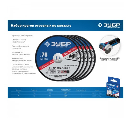 36200-76-1.2-H5_z03 Круги отрезные по металлу ЗУБР X-2 76х1,2х10 мм набор 5шт.